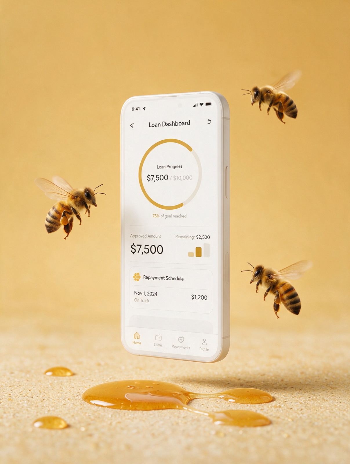 Loan dashboard on a phone, surrounded by honeybees
